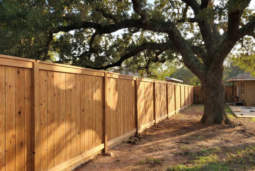 New wood privacy fence beside a green lawn under a live oak
