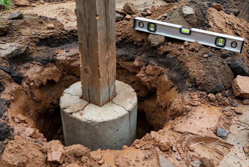 Fence post set in a concrete footing in clay soil