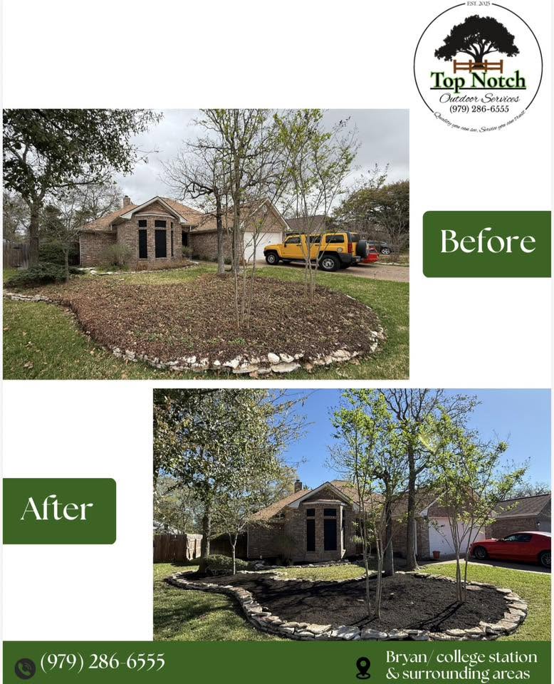 Before and after of a front-yard flower bed with stone border and mulch