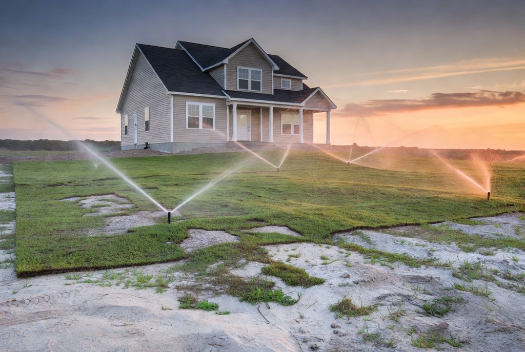 Fresh sod on a new-construction lot with sprinklers running